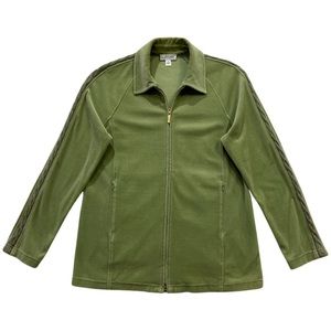 ST JOHN Green Zip JACKET, Velour With Cable Knit Sweater Block on Sleeves, Y2K